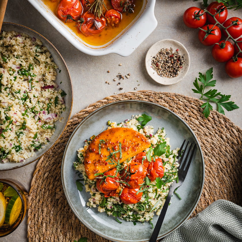 ROUGETTE VEGAN! Marinierter Grill- &amp; Ofentaler mit gebackenen Tomaten ...